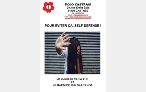 Cours de Self défense le Lundi de 19 h à 21 h et le Mardi de 18 h 30 à 19 h 30