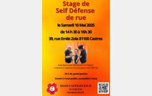 Self défense de rue avec Jean Louis MOURLAN le samedi 10 Mai 2025 à 14h30