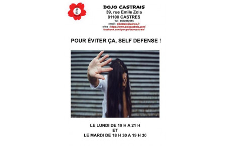 Cours de Self défense le Lundi de 19 h à 21 h et le Mardi de 18 h 30 à 19 h 30