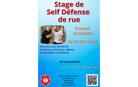 Inscription au stage de Self Défense de rue dirigé par Jean-Louis Mourlan le 27 Avril 2024